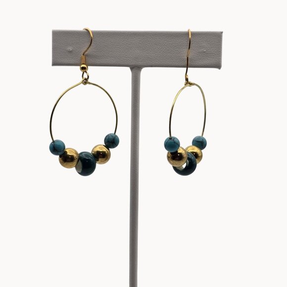 Boho Fairy Retro Party Glam Hoop Beaded Grassy Green Blue Gold Fashion Earrings - Picture 3 of 5